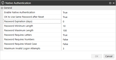 Native Authentication dialog box
